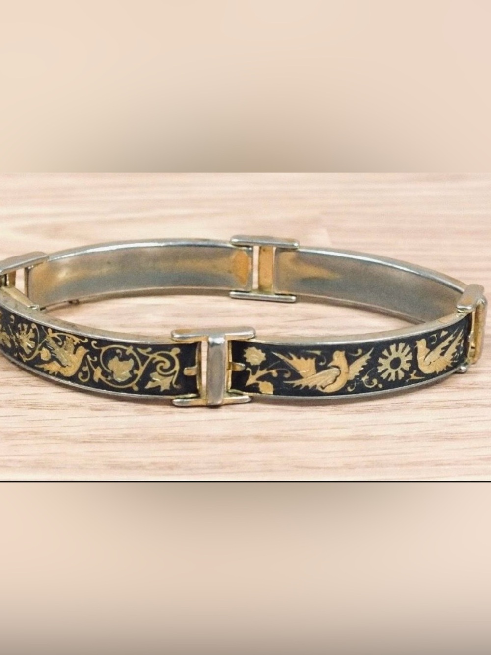 Gold-Tone Black Floral Hinged Bracelet